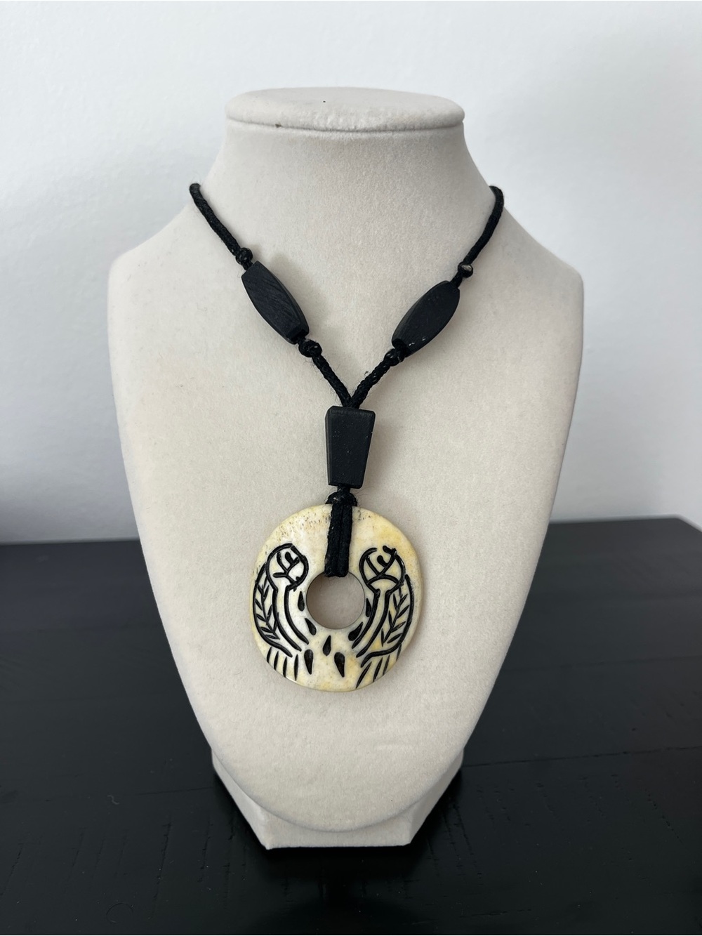 Handcrafted Black Cord Necklace with Ivory Carved Pendant